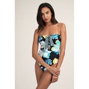 NWTs Trina Turk One Piece Swimsuit Black Floral Print Lace Up Halter Size 4